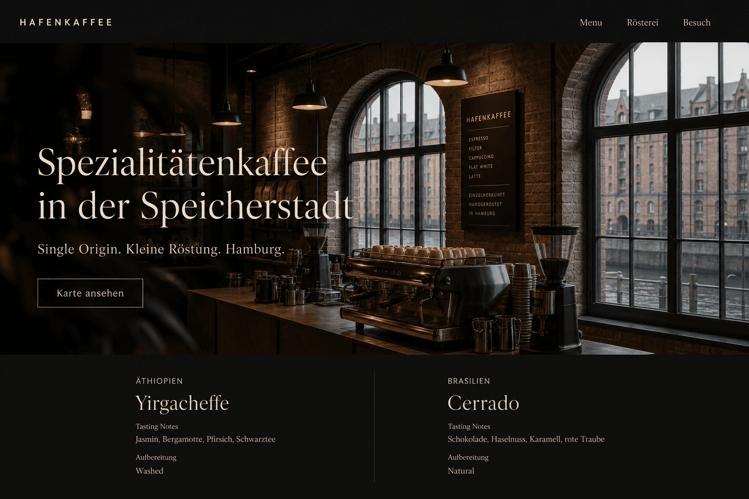 Dunkle Startseite von Hafenkaffee mit Café in der Speicherstadt und Tasting Notes