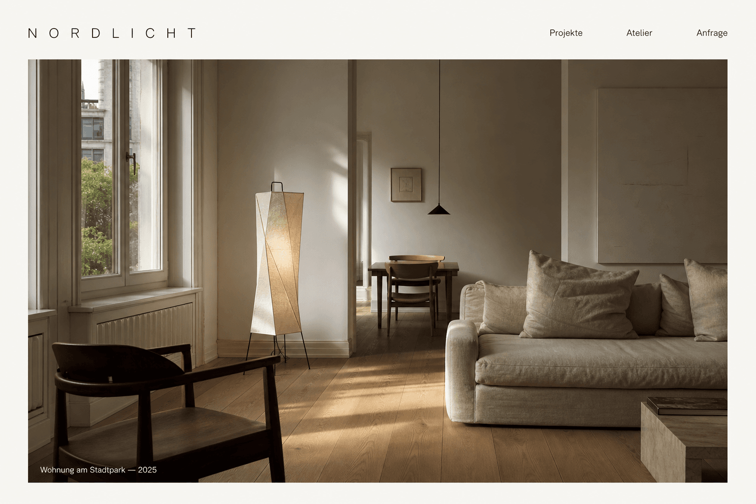 Minimale Startseite von Nordlicht Atelier mit einer Hamburger Wohnungsinnenaufnahme