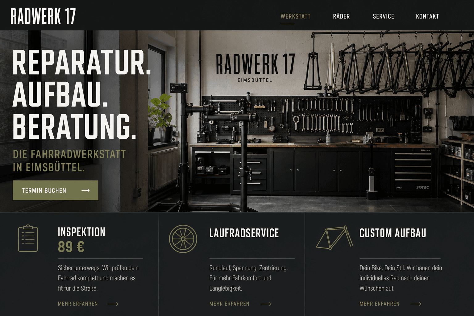 Dunkle, industrielle Startseite von Radwerk 17 mit Servicekacheln